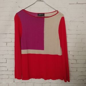 JONES NEW YORK COLLECTION MOD LOOK PINK RED COLOR BLOCK BLOUSE LARGE
